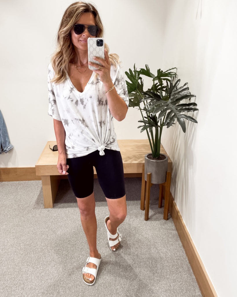 Casual summer look featuring a white and gray tie dye knotted tee with biker shorts