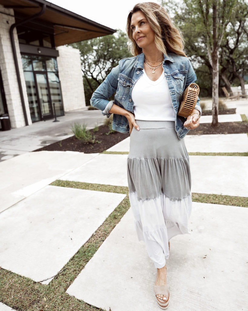A basic white tee paired with a gray and white maxi skirt from Evereve worn by Her Fashioned Life