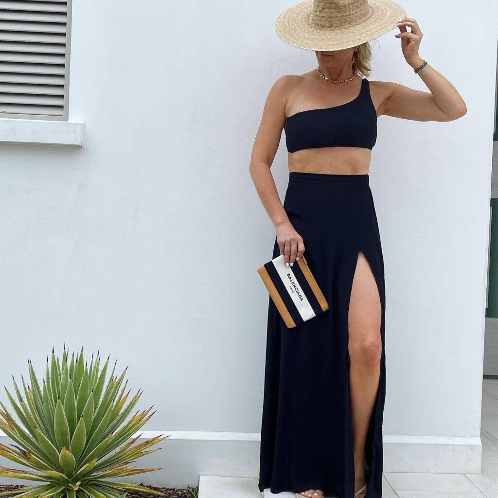 The Shore Line Skirt, lack of color straw hat, balenciaga bag