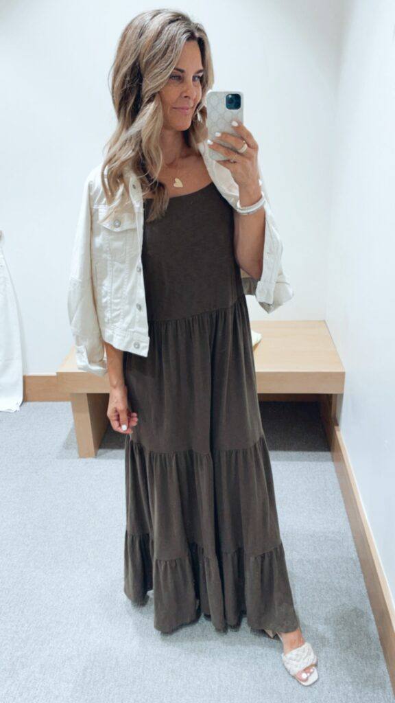 Maxi Dress and white denim jacket from evereve 