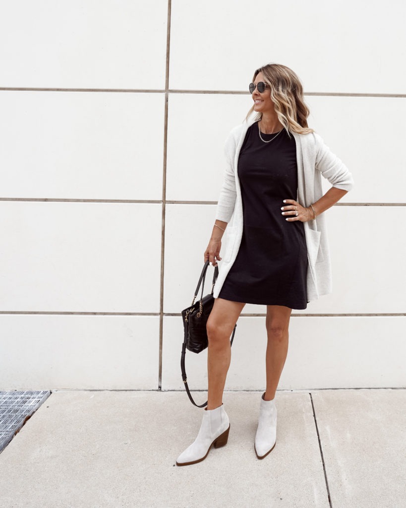 tshirt dress, fall booties, cozy sweater her fashioned life