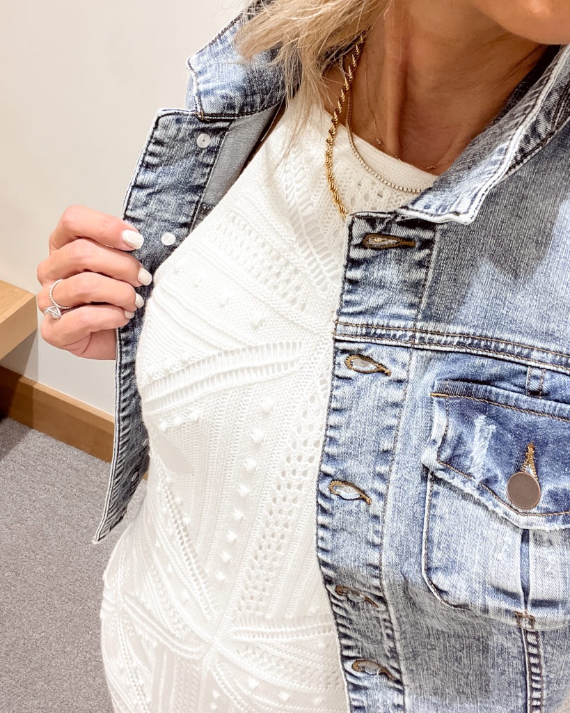 The best denim jacket layered over a white dress for spring