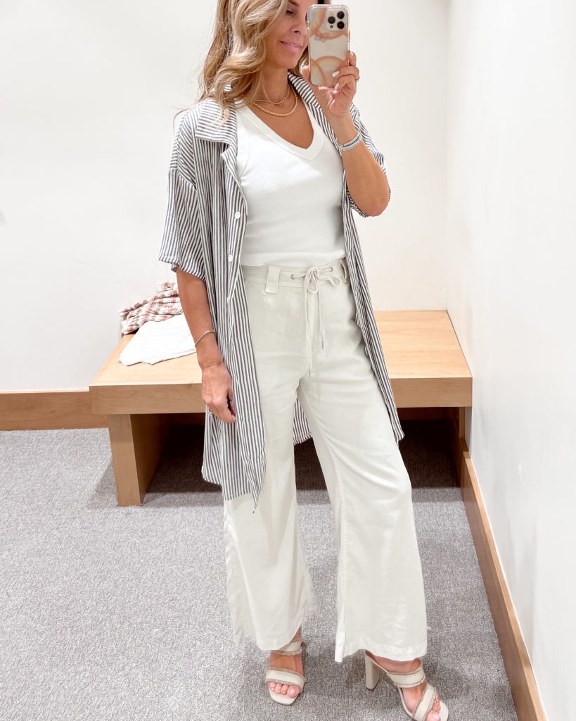 Wide-Leg White pants for spring with a white v-neck and navy and white striped cardigan