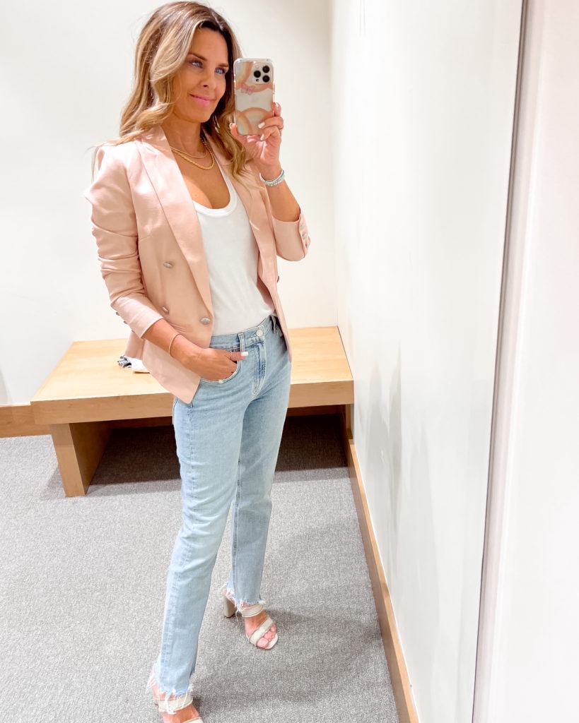 Pink blazer and frayed denim outfit for spring | her fashioned life