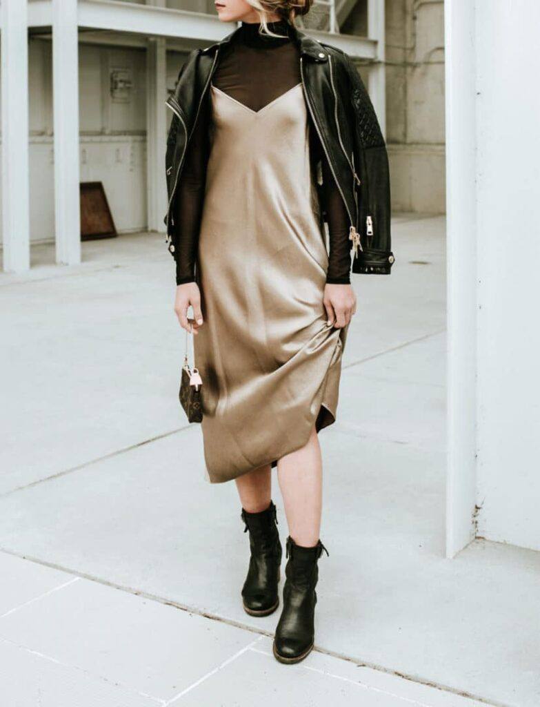 Slip Dress with leather moto jacket