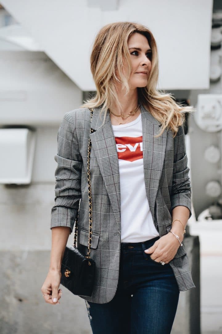 Plaid Menswear Blazer with Vintage Levi's tshirt and Chanel bag - Her Fashioned Life