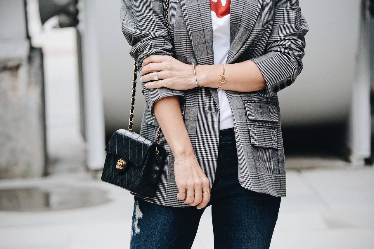 Chanel bag with Menswear plaid jacket style - Her Fashioned Life