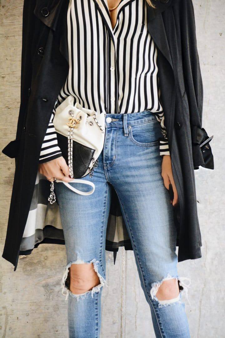 Black and White Blouse with Stripes, Chanel Black and White Bag, Distressed Denim and Black Coat Style by Her Fashioned Life