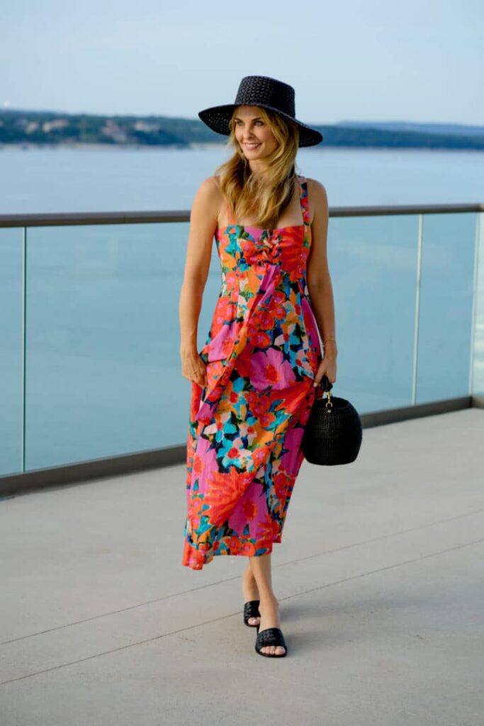 Floral Dress Styled With Black Accessories