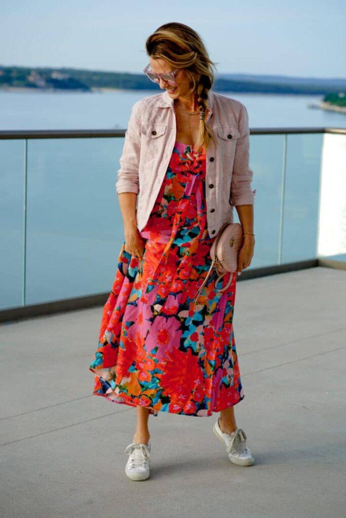Floral Dress Styled With Pink Denim Jacket
