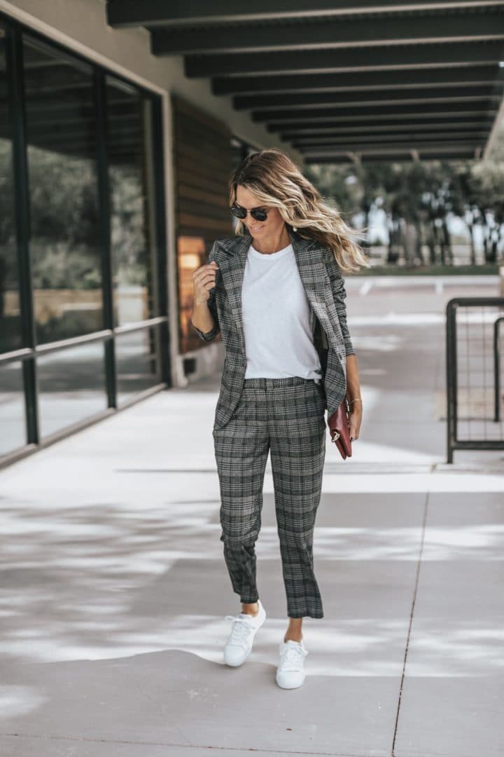Plaid suit with white sneaker Her Fashioned Life
