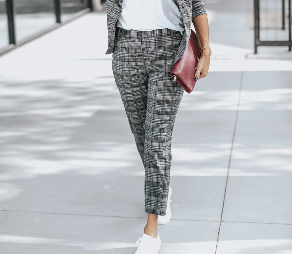 Plaid suit with white sneaker Her Fashioned Life