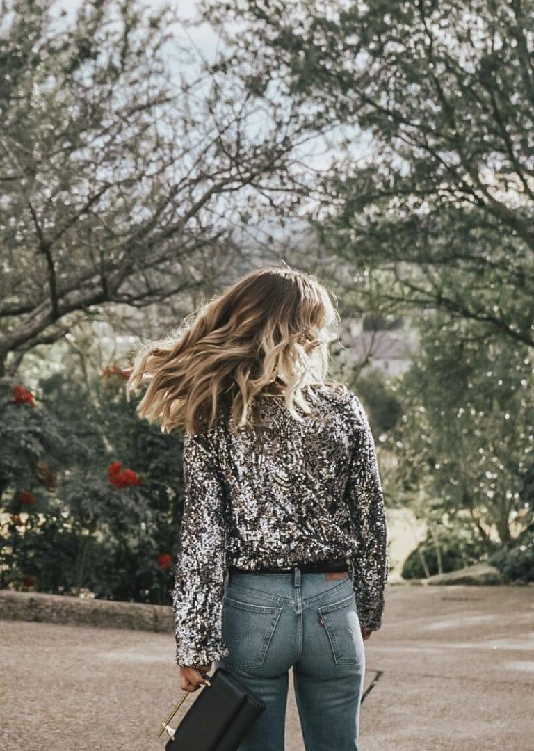 denim on new years eve, sequin top outfit