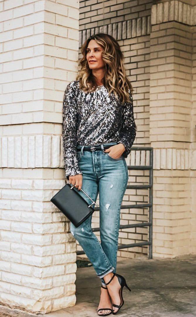 denim on new years eve, sequin top outfit